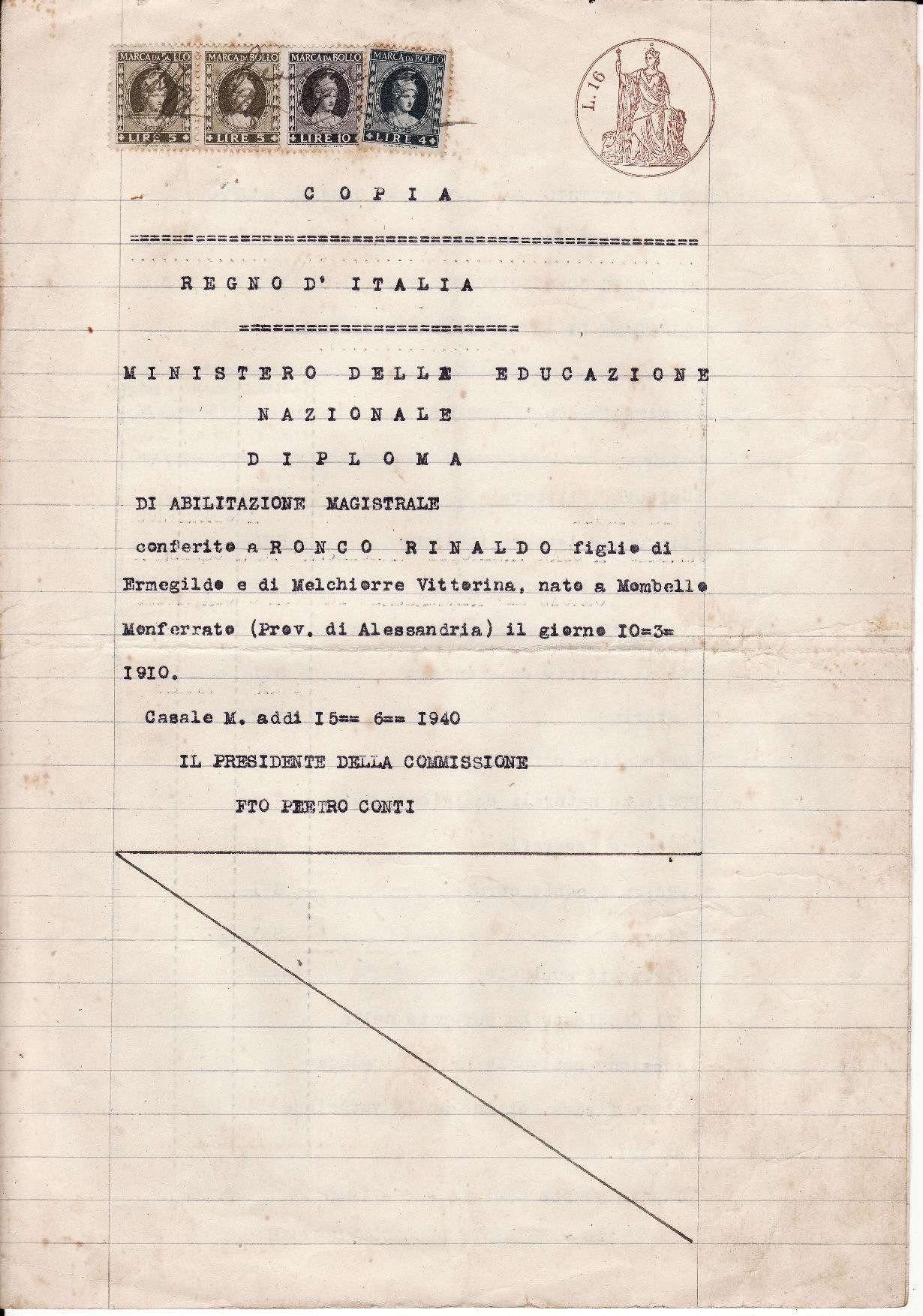 documento - Diploma di Abilitazione Magistrale conferito a Rinaldo Ronco